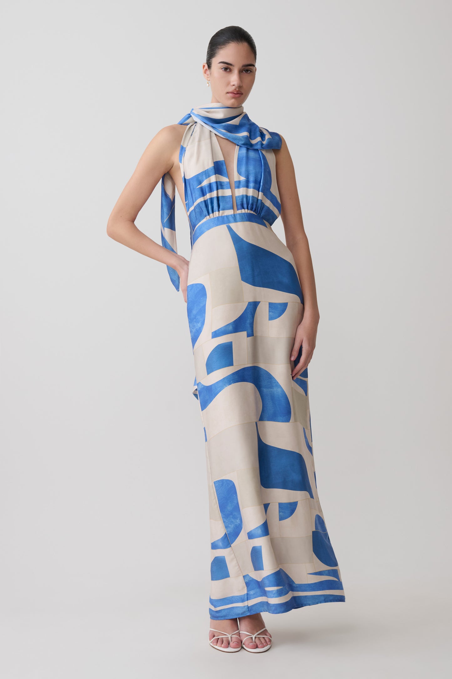 Gianna Satin Halter Maxi Dress - Blue Geo Tile Print