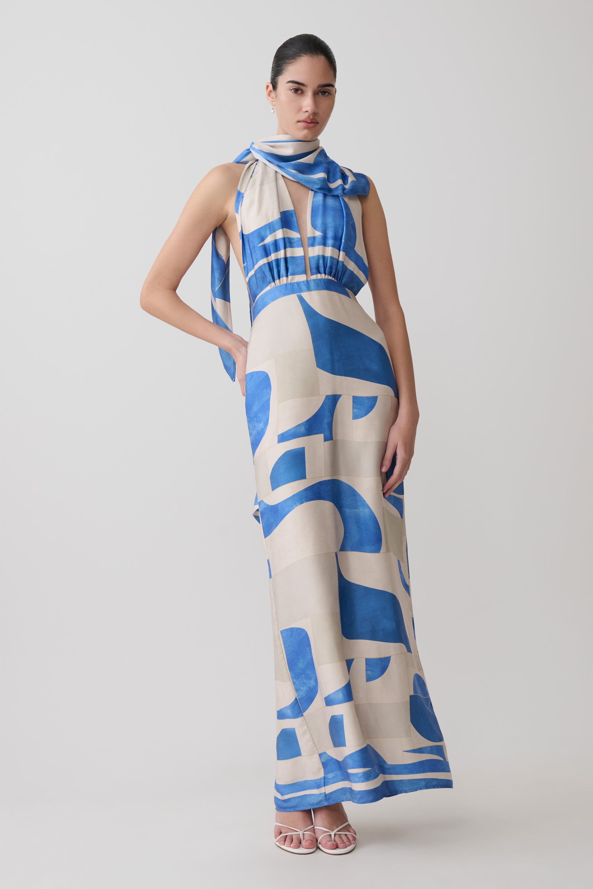 Gianna Satin Halter Maxi Dress - Blue Geo Tile Print #6
