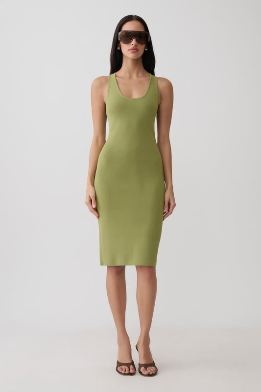 Leah Racer Back Knee Length Knit Dress - Olive
