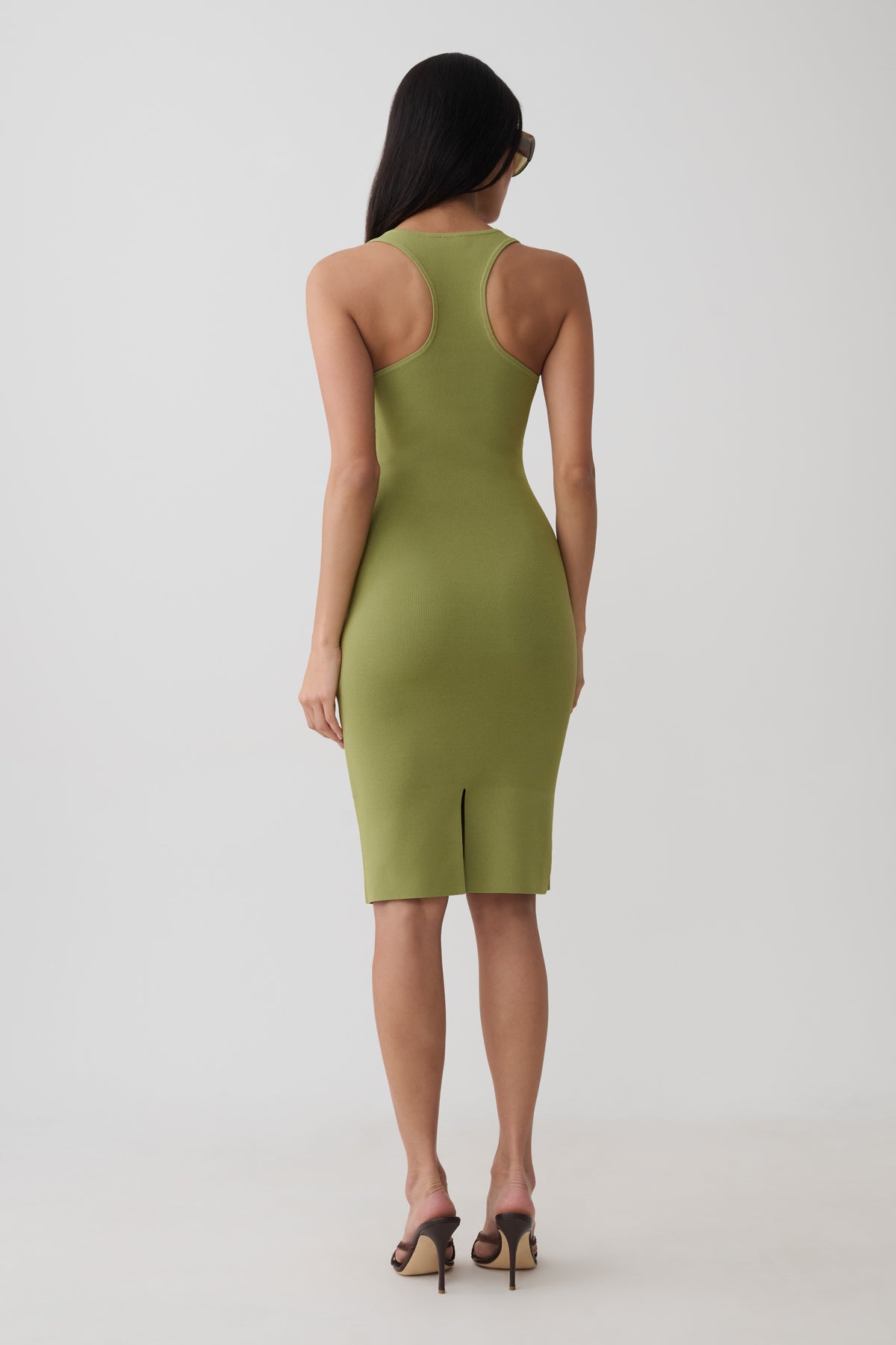 Leah Racer Back Knee Length Knit Dress - Olive #2