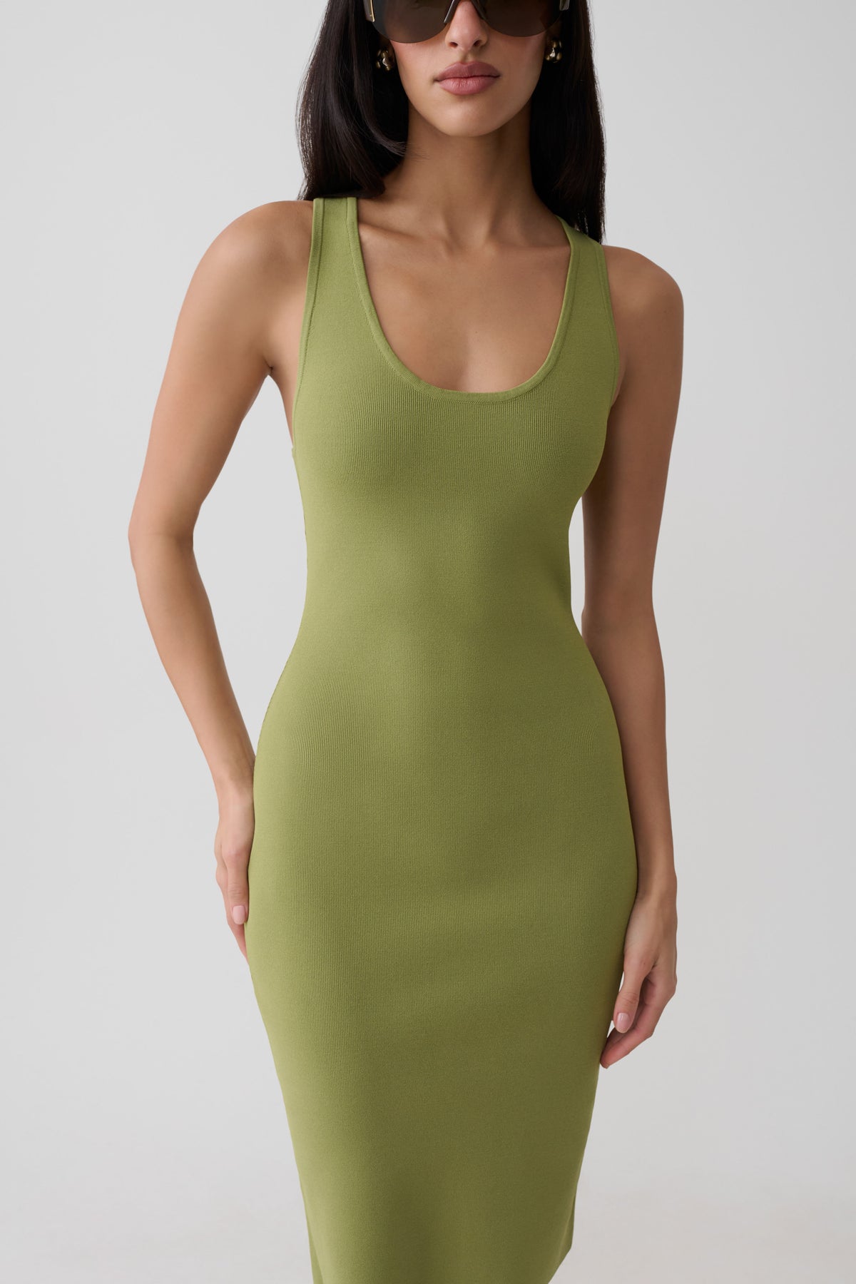 leah knit mini dress Racer Back Knee Length - Olive Beaded Fringe