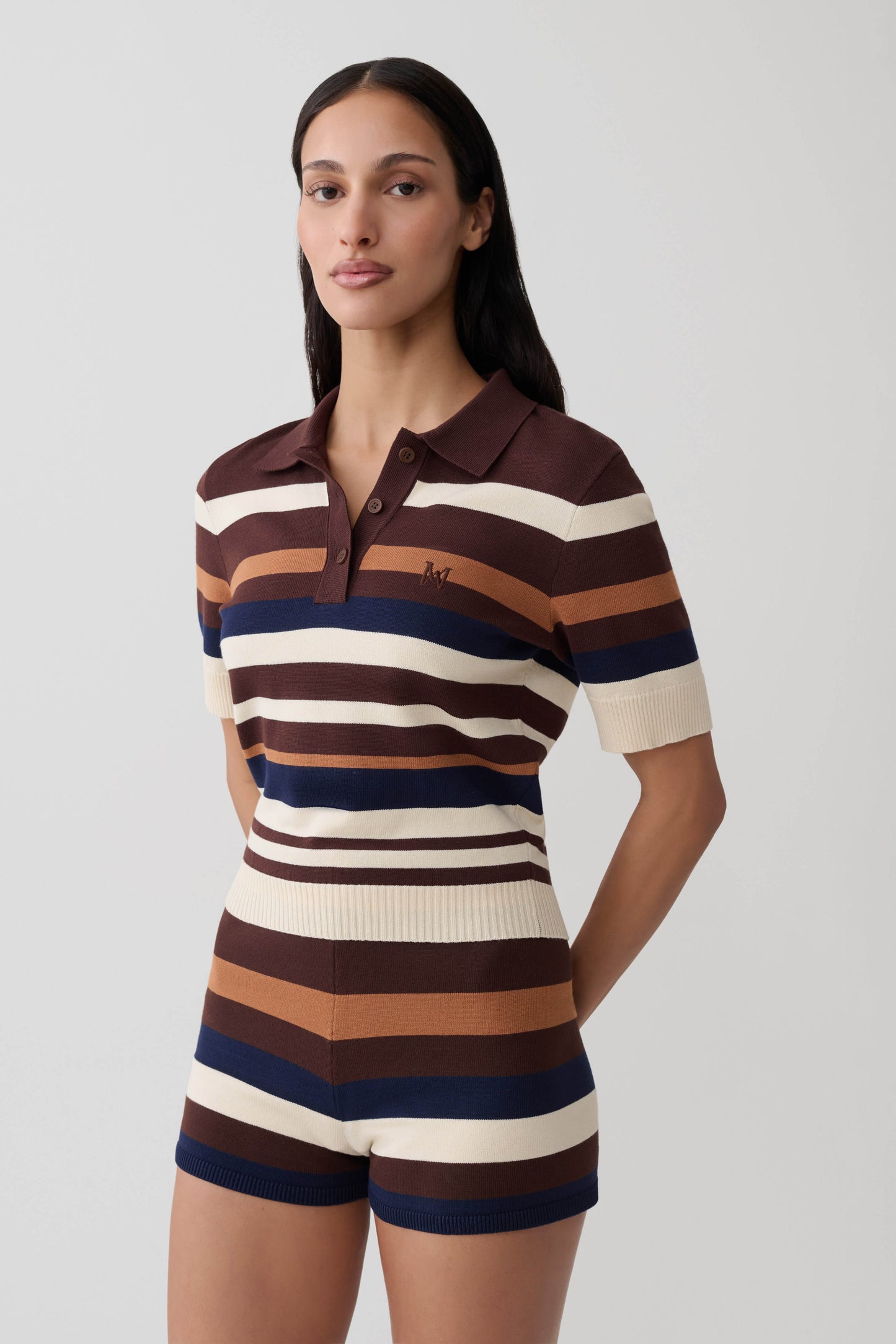 Philly Stripe Knit Button Up Top - Navy/Neutral