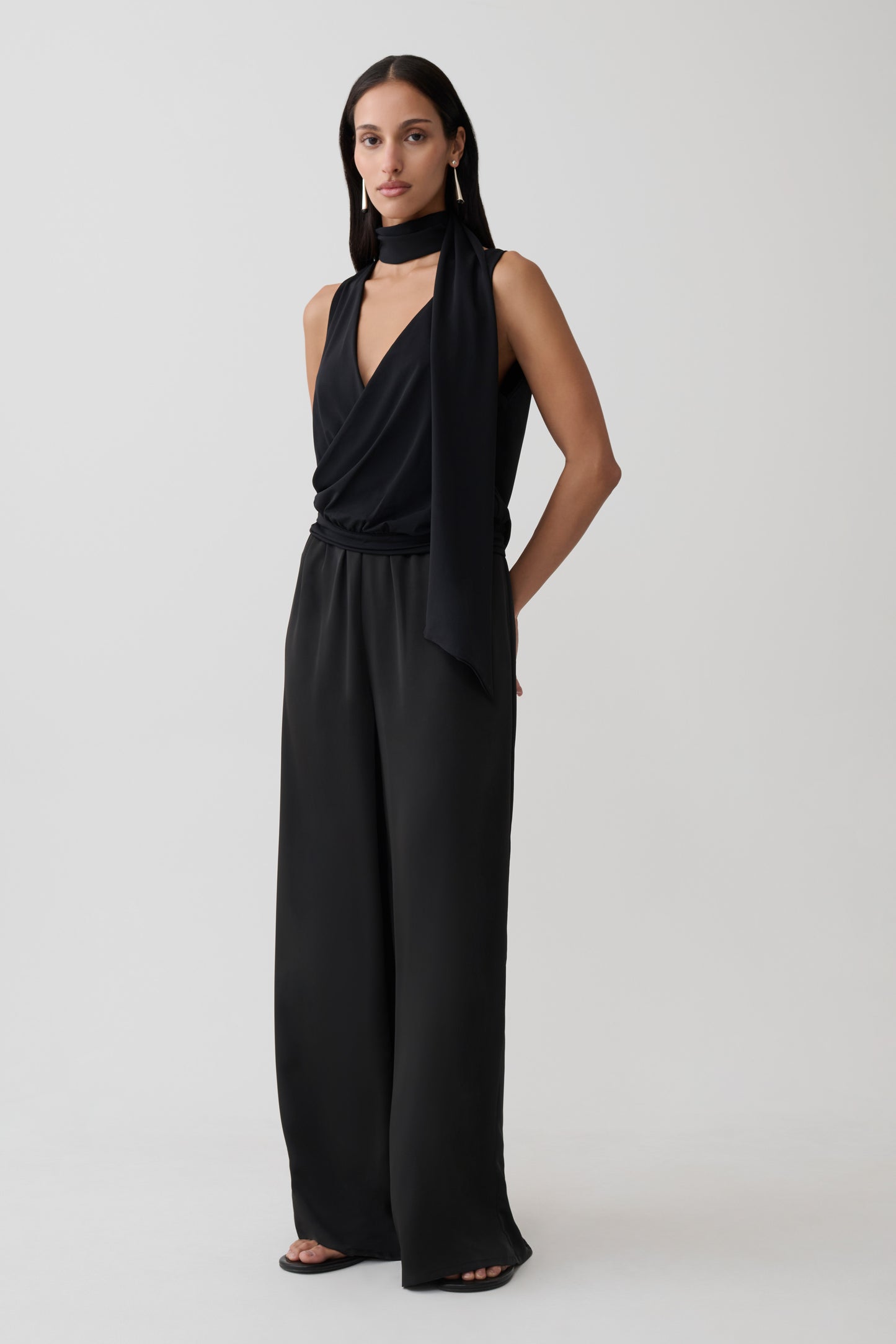Raisa Overlap Top With Neck Scarf - Black
