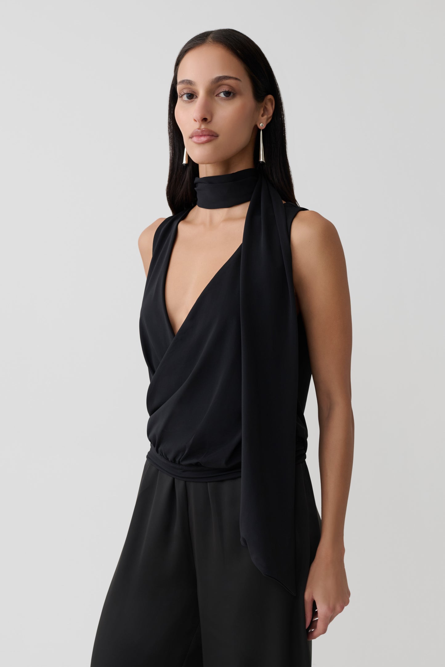 Raisa Overlap Top With Neck Scarf - Black