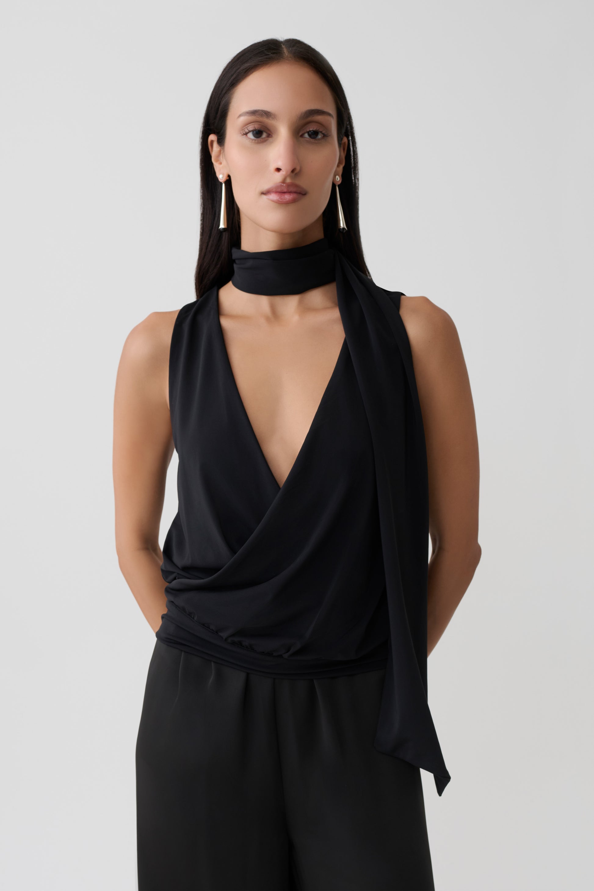 Raisa Overlap Top With Neck Scarf - Black #4