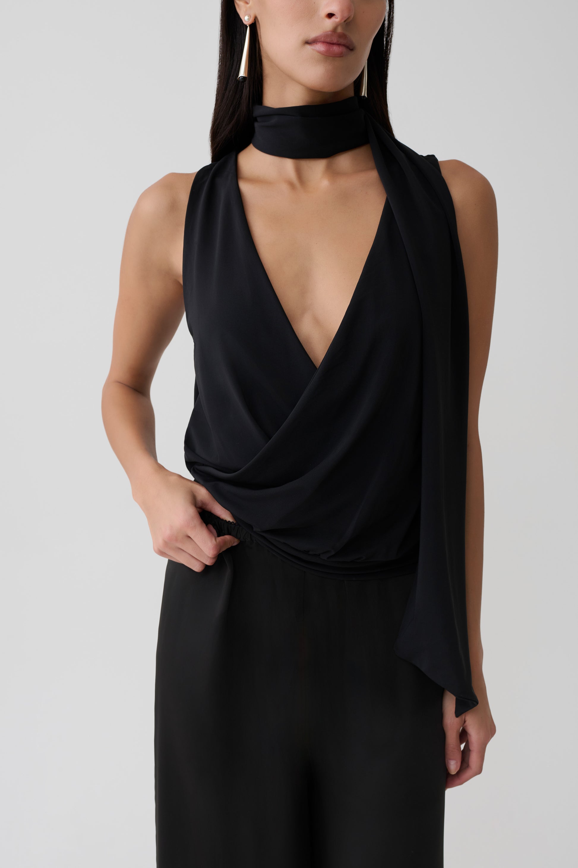 Raisa Overlap Top With Neck Scarf - Black #3