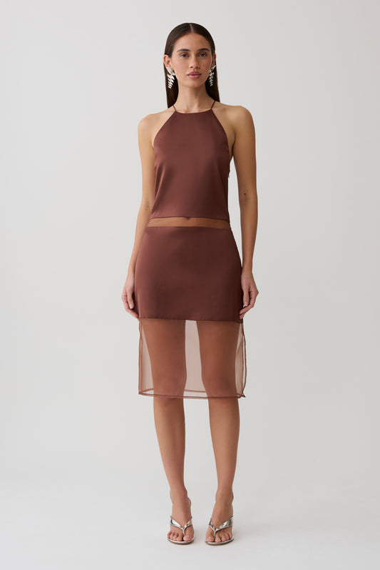 Priscilla Sheer Halter Midi Dress - Dark Chocolate