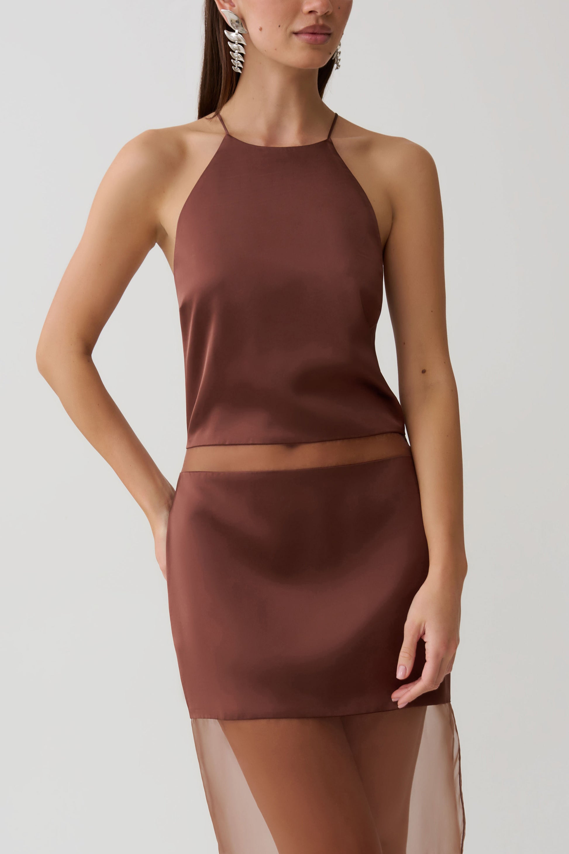 Priscilla Sheer Halter Midi Dress - Dark Chocolate #5