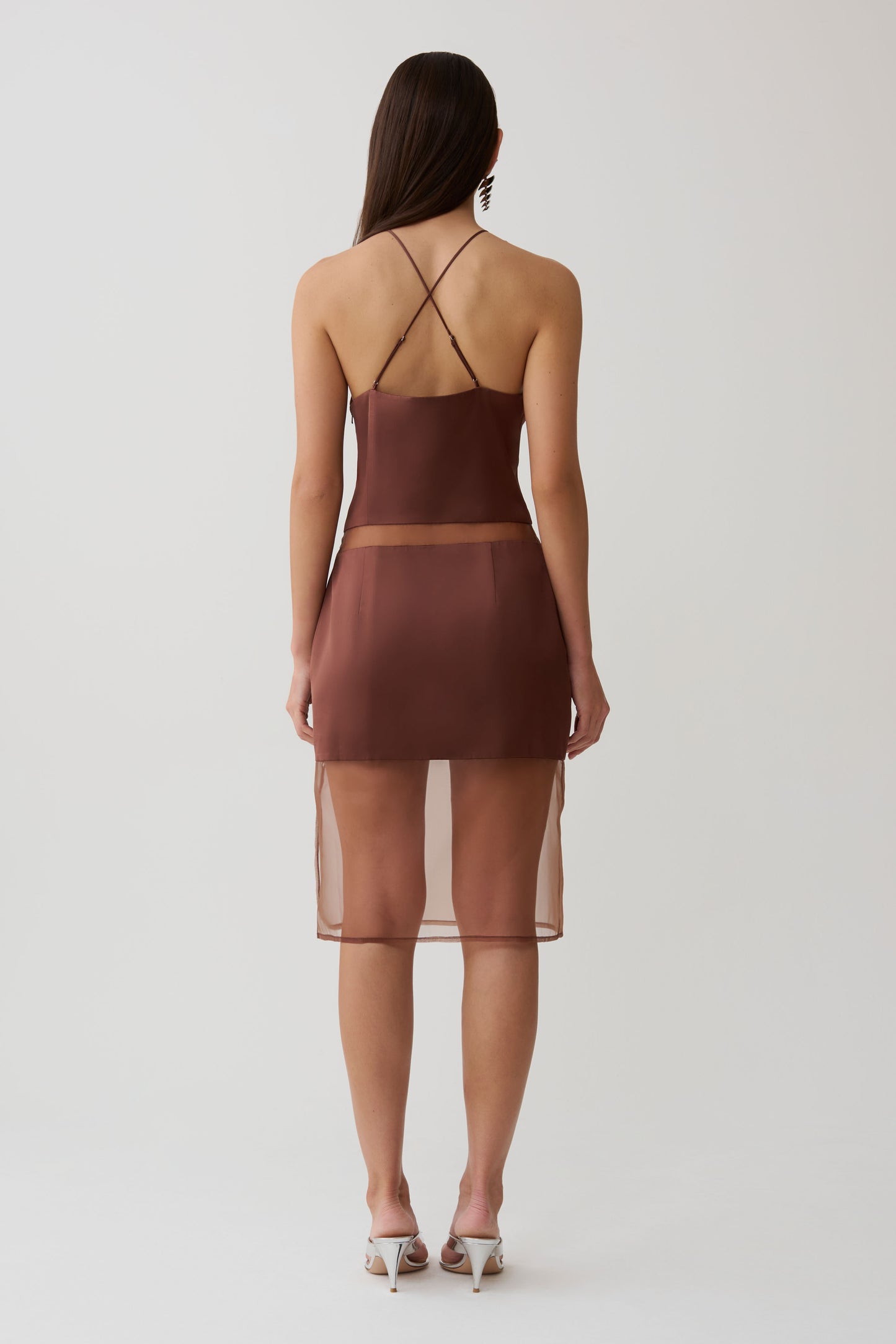 Priscilla Sheer Halter Midi Dress - Dark Chocolate
