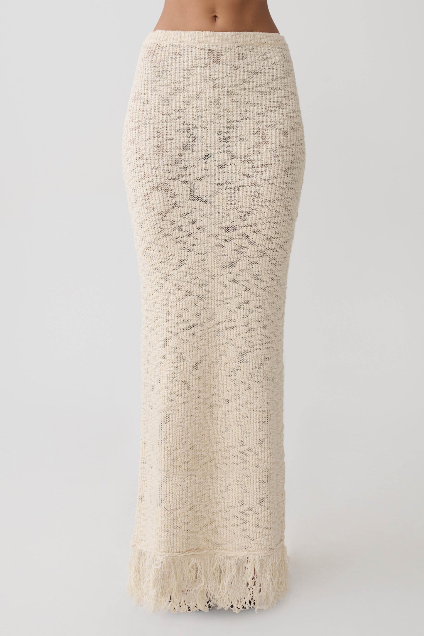 Giovanni Fringe Knit Midi Skirt - Cream