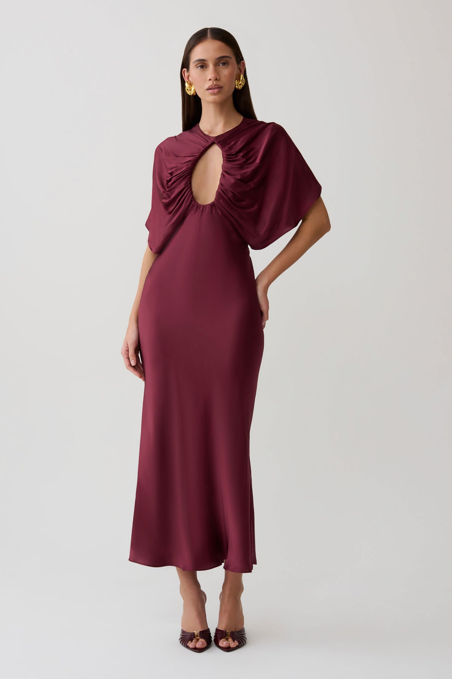Mona Cut Out Satin Midi Dress - Burgundy
