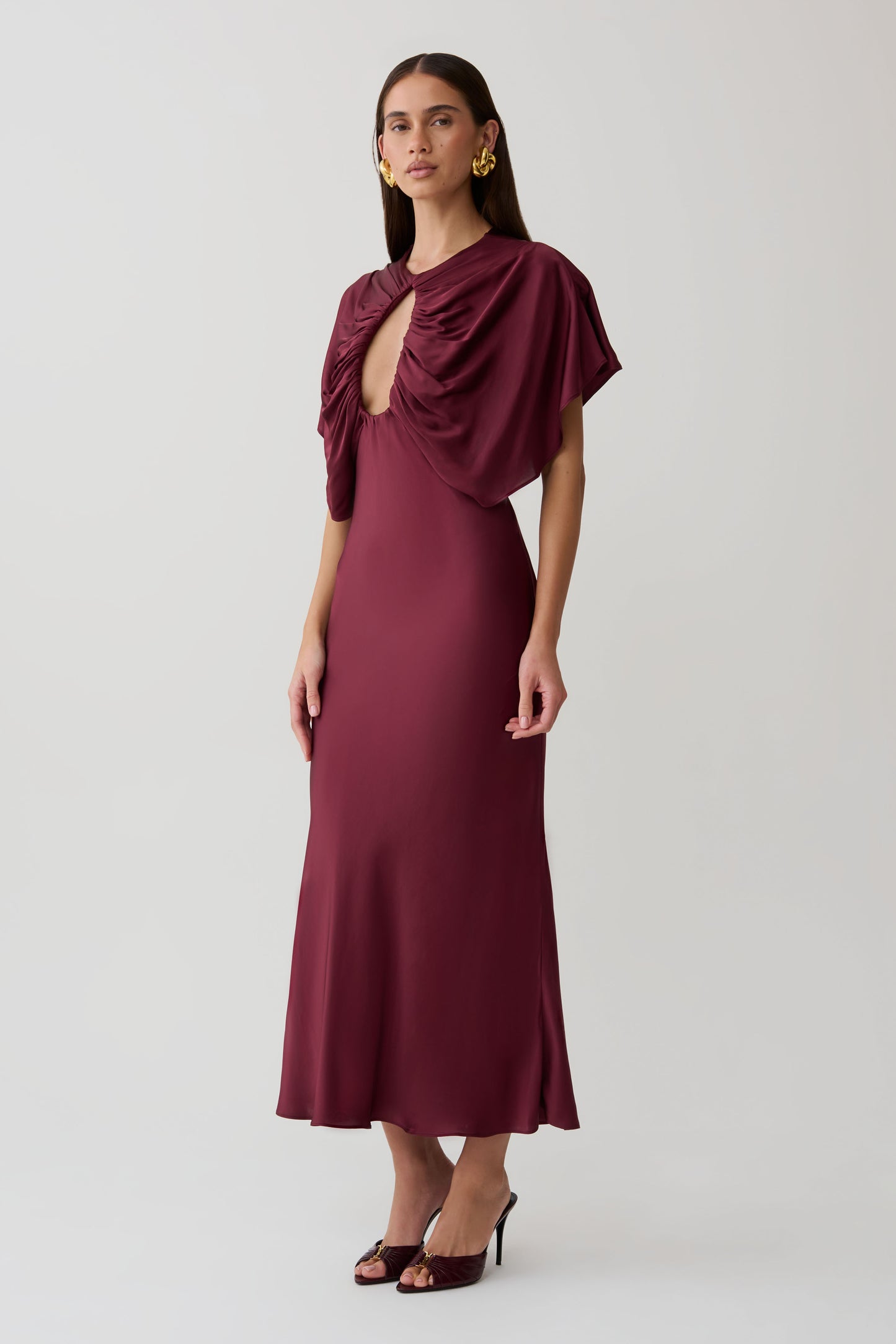 Mona Cut Out Satin Midi Dress - Burgundy