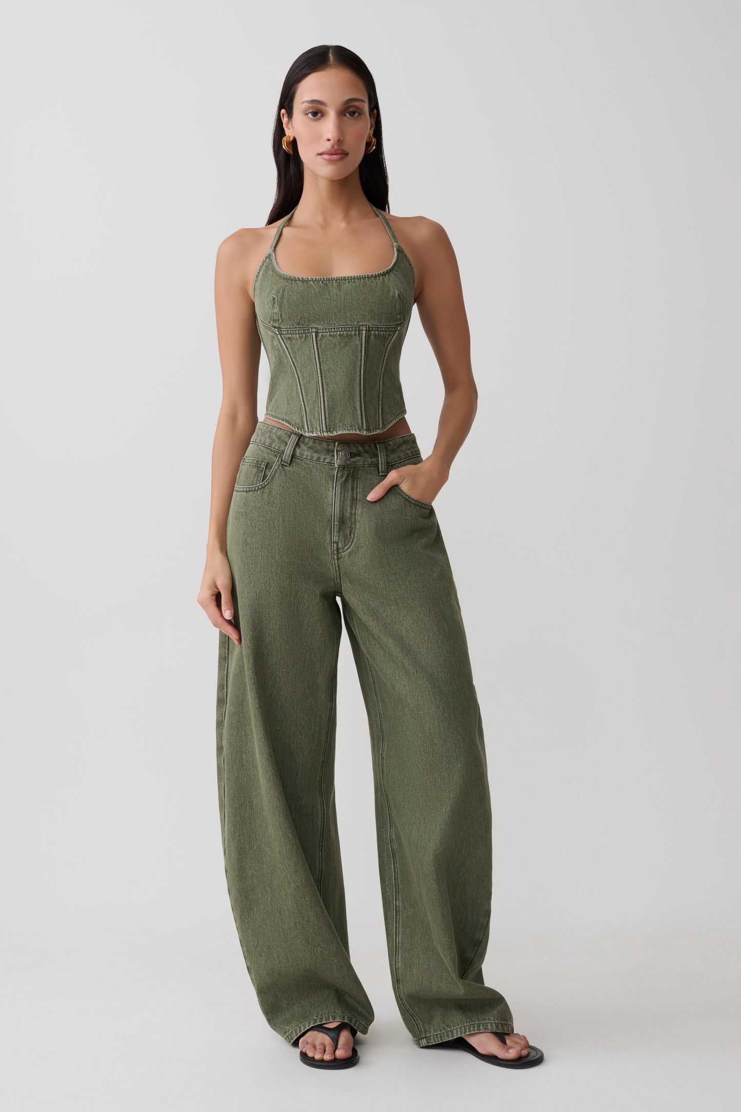 Stephanie Corset Denim Top - Washed Khaki