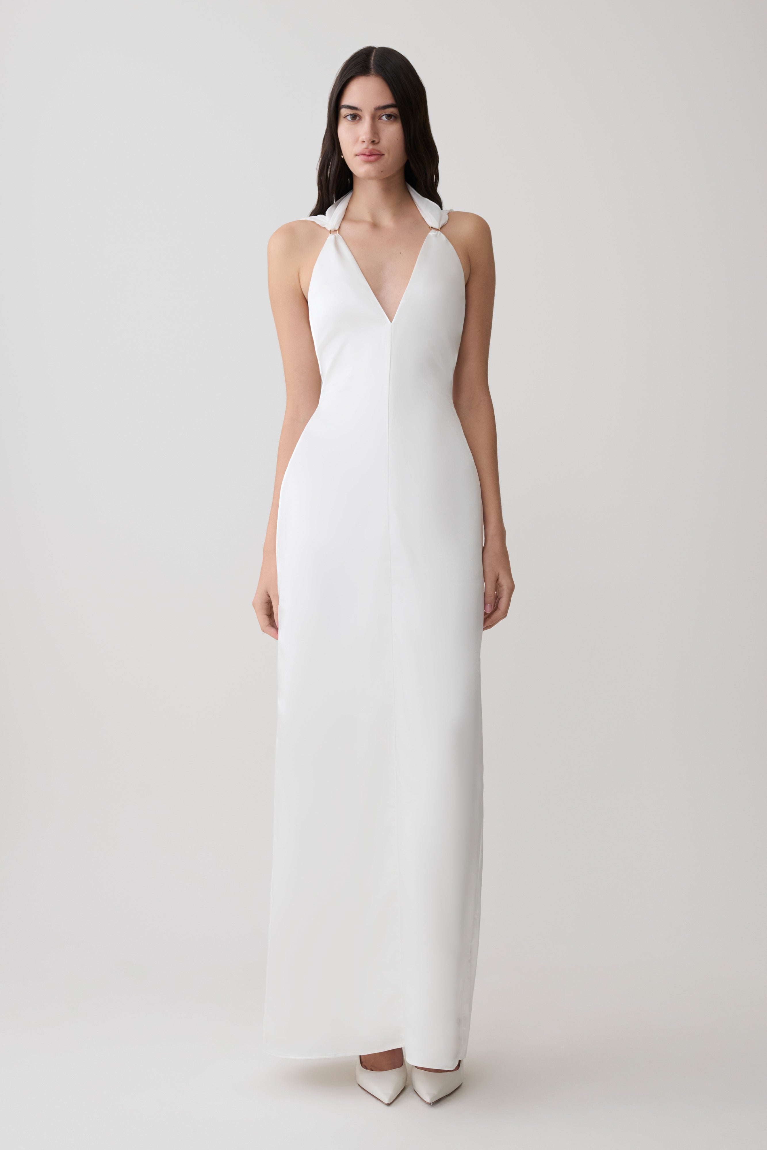 Myla Draped Shoulders Satin Maxi Dress - White | MESHKI