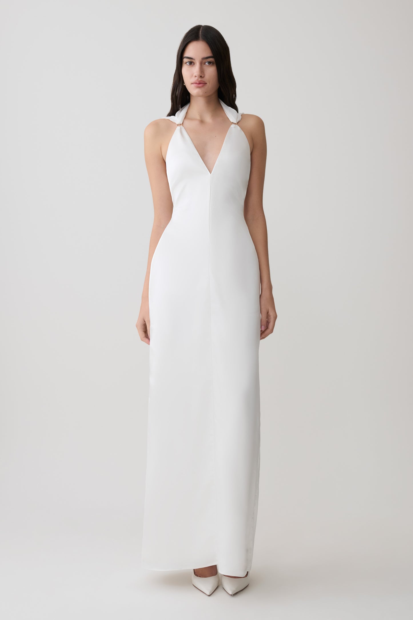 Myla Draped Shoulders Satin Maxi Dress - White