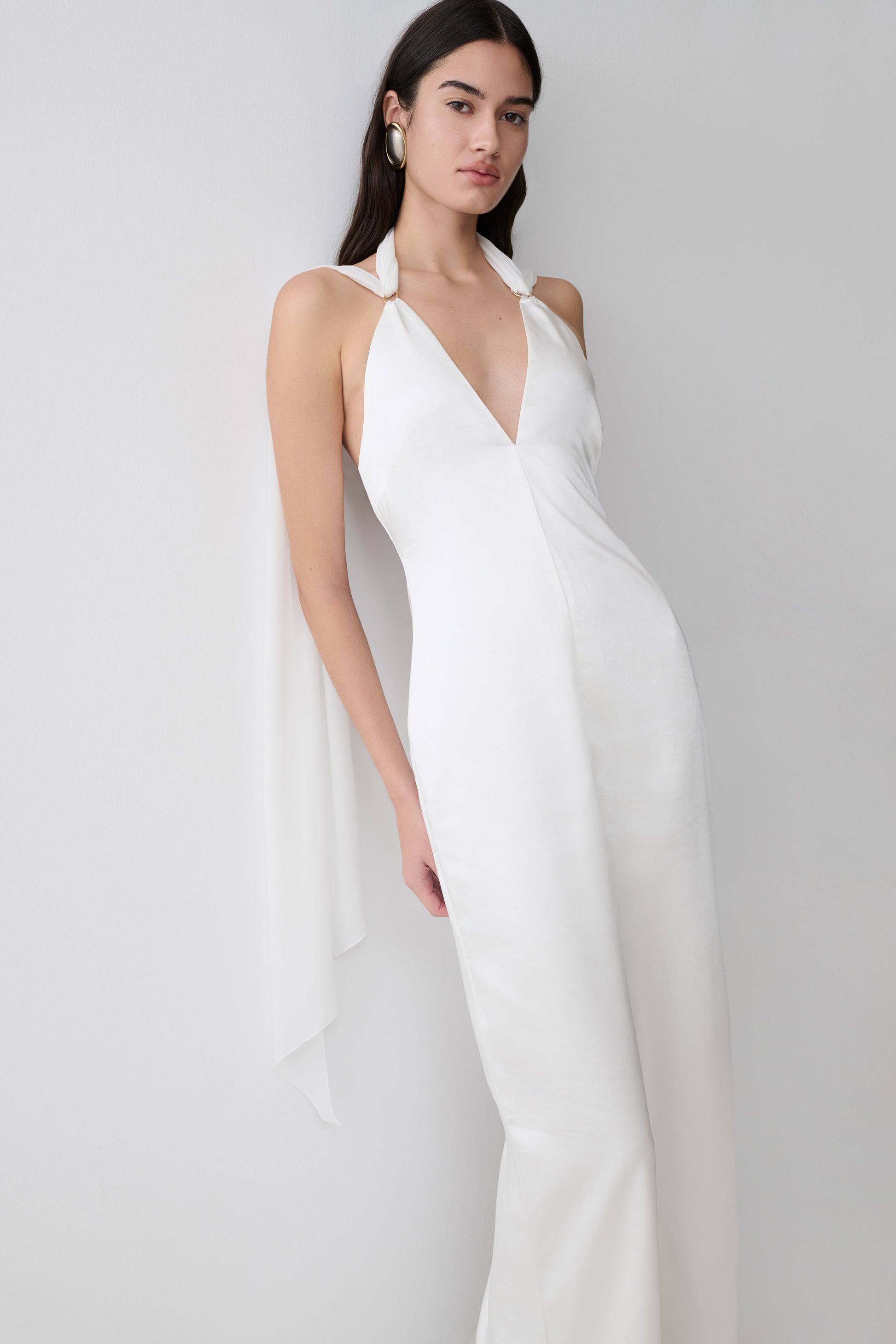 uninterrupted white dress Myla Draped Shoulders Satin Maxi Dress - White