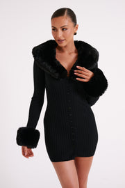 Aurora Fur Trim Knit Mini Dress - Black