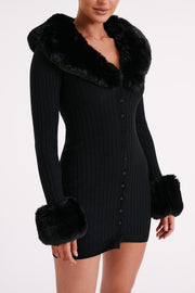 Aurora Fur Trim Knit Mini Dress - Black