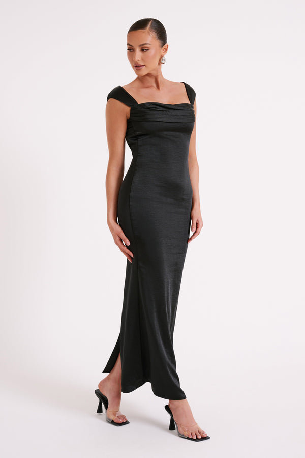 Shop Formal Dress - Lacey  Backless Satin Maxi Dress - Black fifth image