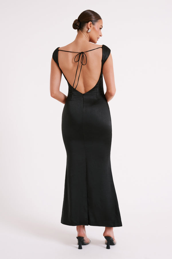 Shop Formal Dress - Lacey  Backless Satin Maxi Dress - Black featured image