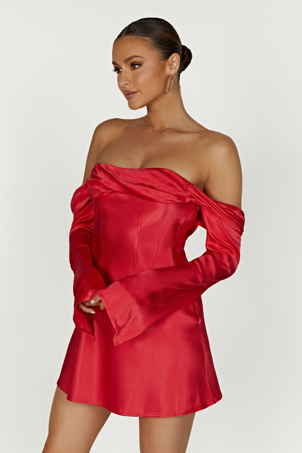 Giselle Off Shoulder Satin Mini Dress - Red