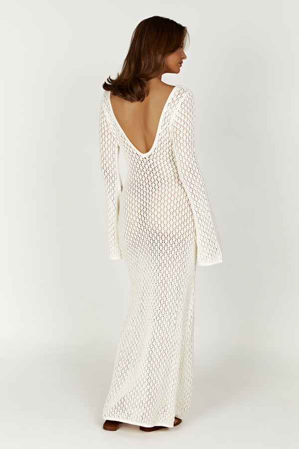 Kayleigh Crochet Fishtail Flare Sleeve Maxi Dress - White - MESHKI