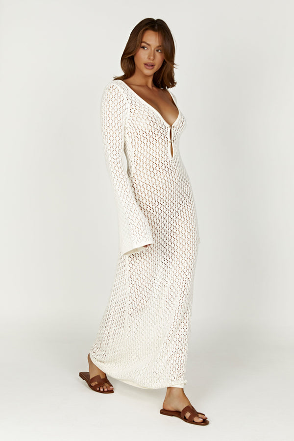 Kayleigh Crochet Fishtail Flare Sleeve Maxi Dress - White