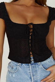 Cressida Cotton Anglaise Puff Sleeve Top - Black