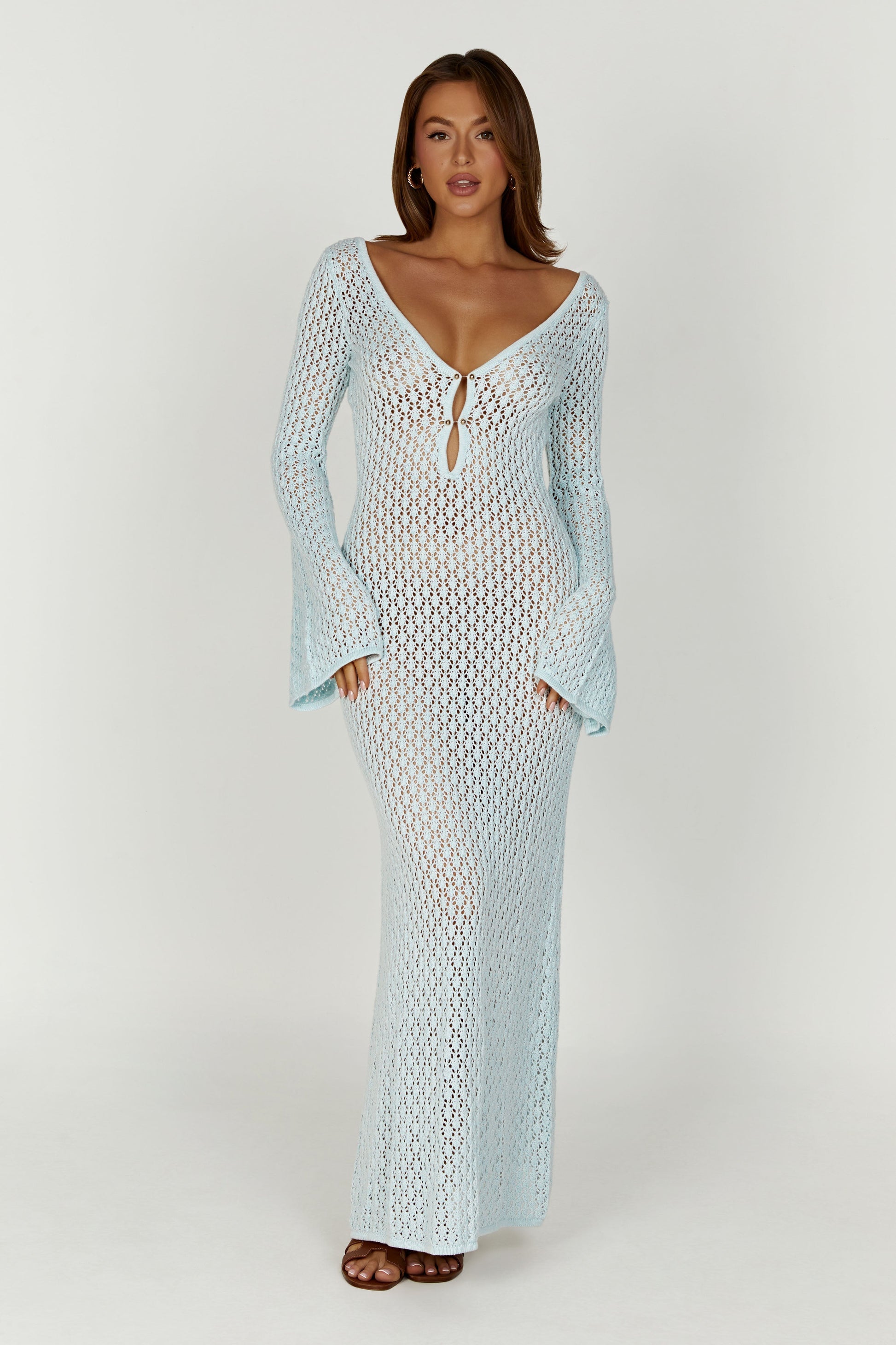 Kayleigh Crochet Fishtail Flare Sleeve Maxi Dress - Arctic Blue #4
