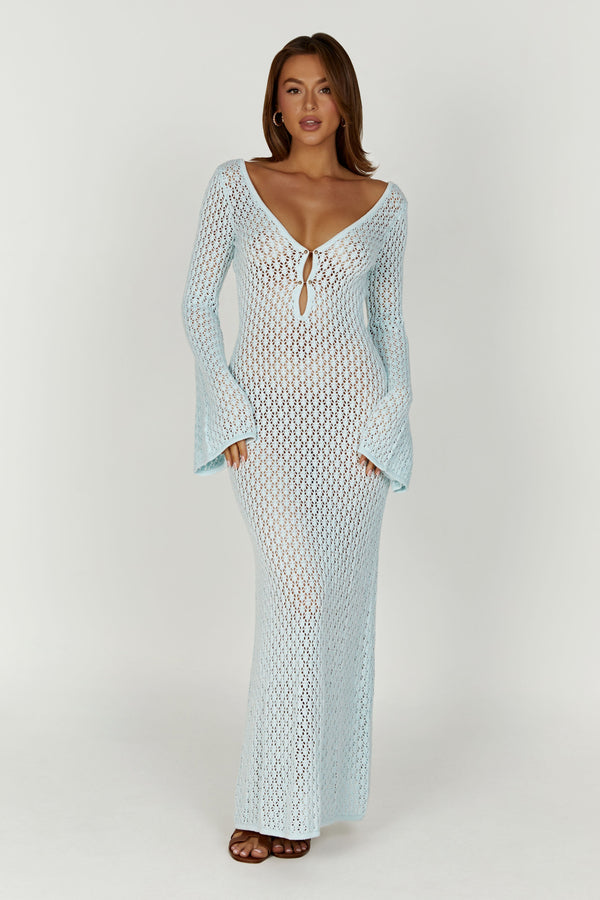 Kayleigh Crochet Fishtail Flare Sleeve Maxi Dress - Arctic Blue - MESHKI