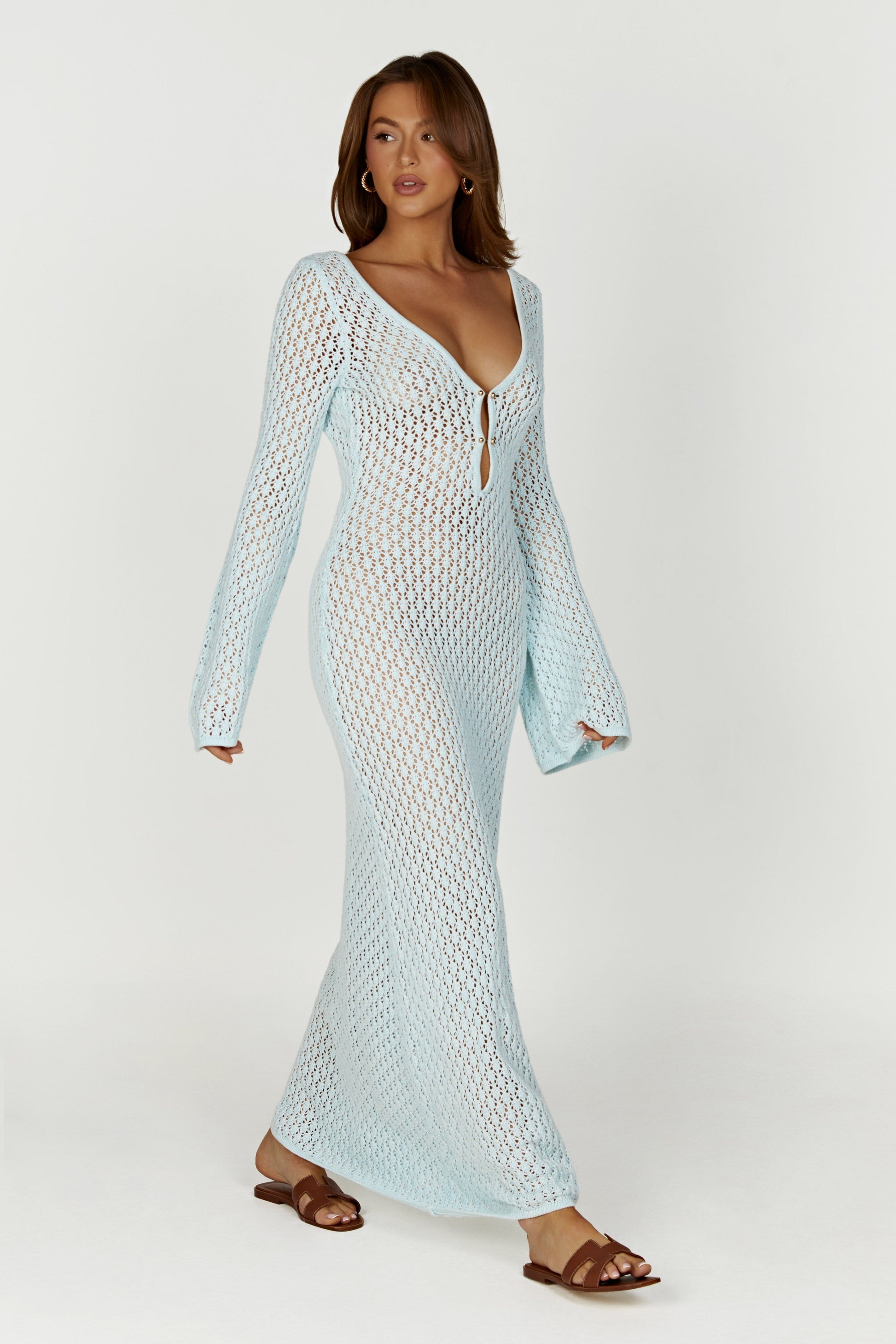 Kayleigh Crochet Fishtail Flare Sleeve Maxi Dress - Arctic Blue #8