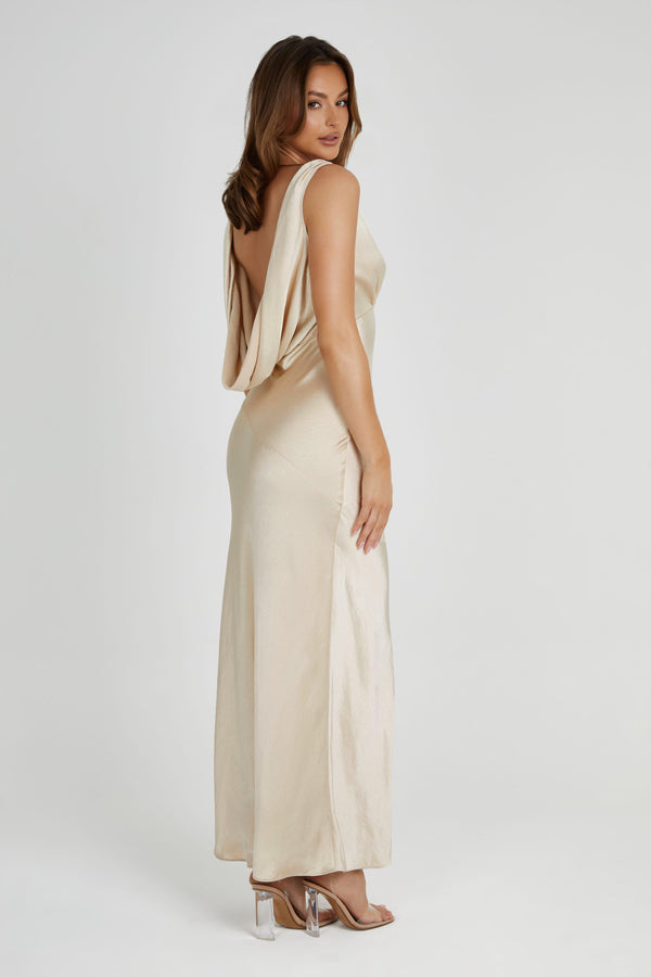 Shop Formal Dress - Nadia  Maxi Satin Dress With Back Cowl - Gold featured image