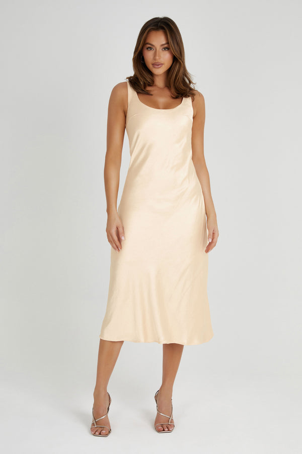 Tamara Satin Iridescent Slip Midi Dress - Apricot