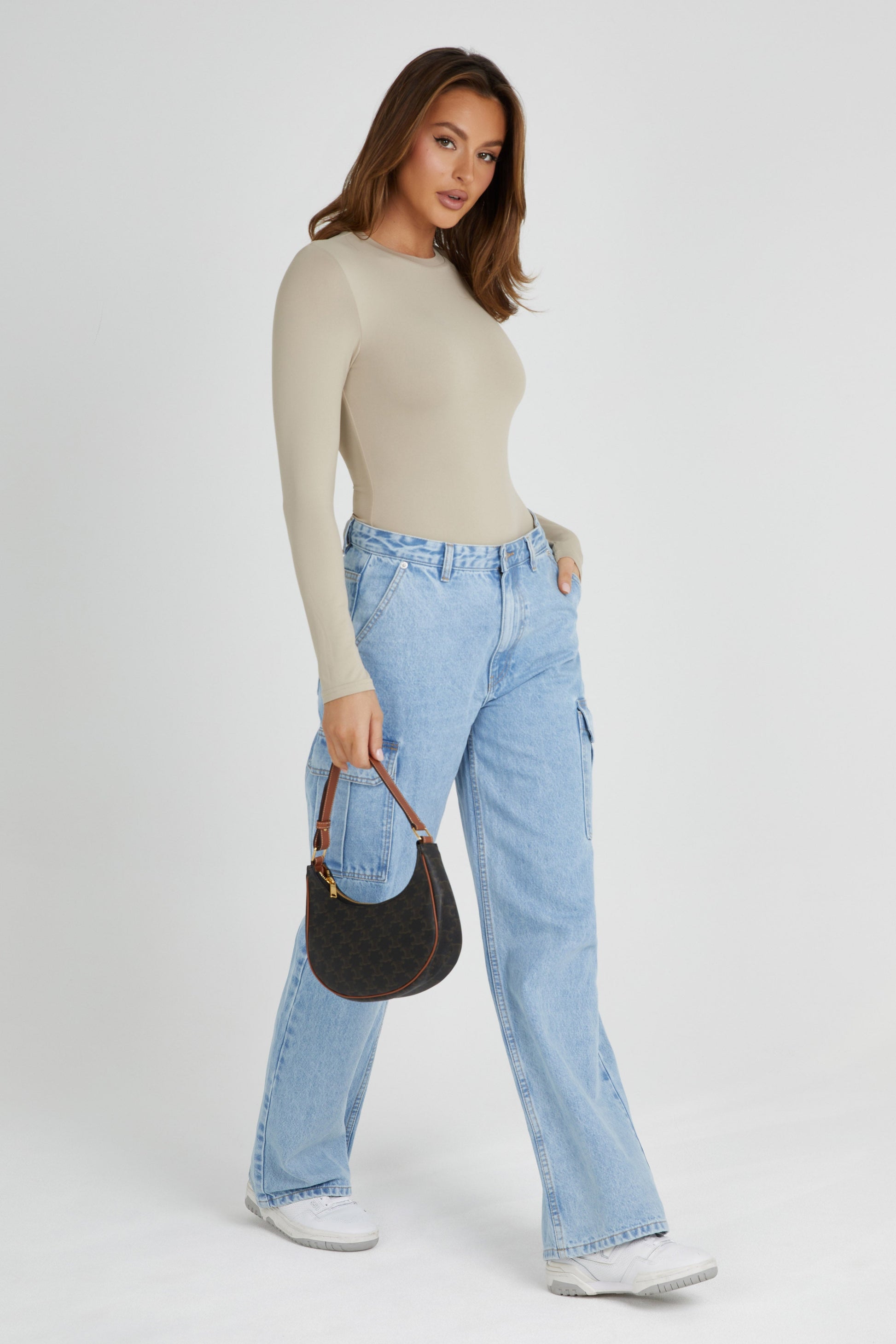 Delilah Recycled Nylon Long Sleeve Crew Neck Bodysuit - Taupe #5