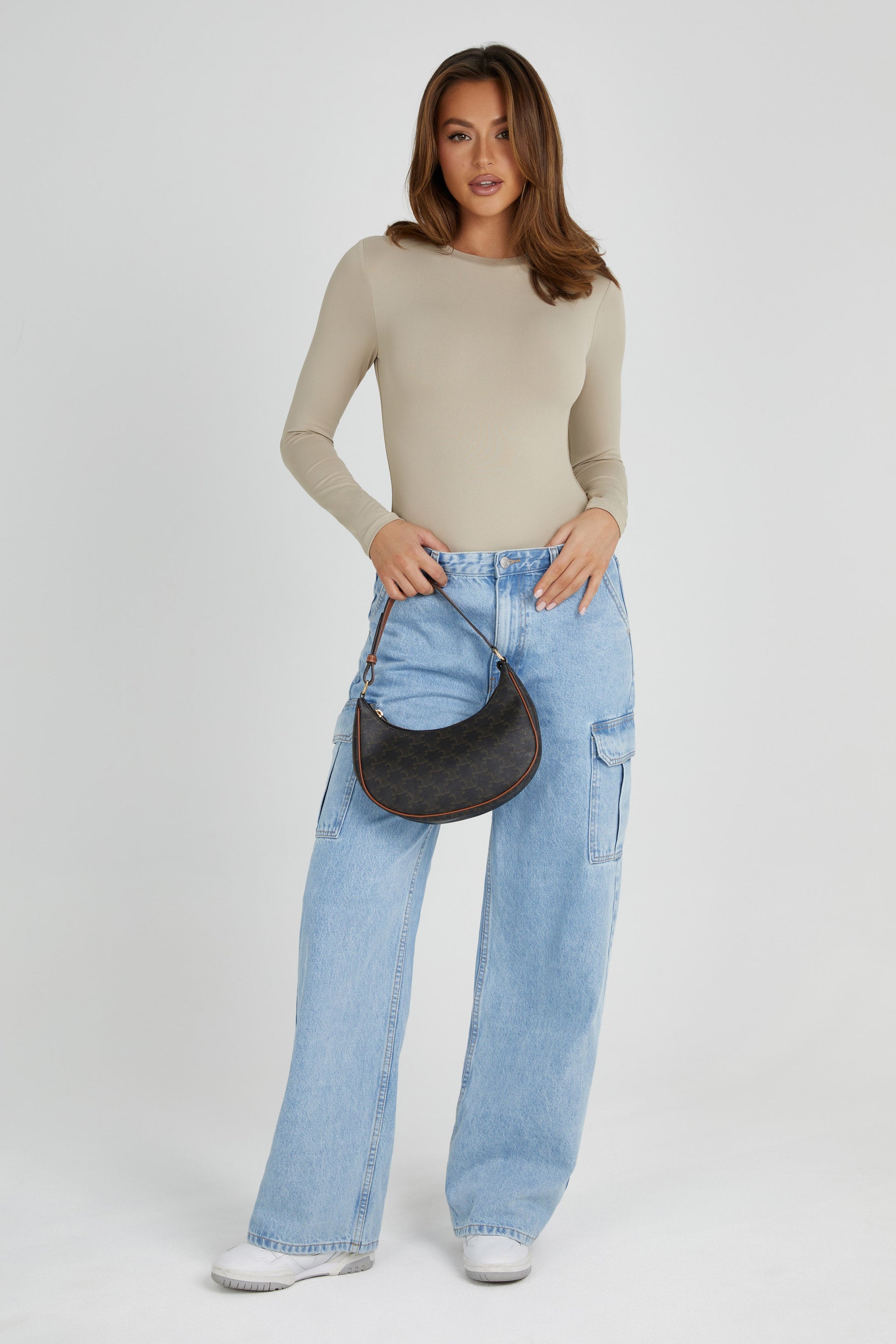 Delilah Recycled Nylon Long Sleeve Crew Neck Bodysuit - Taupe #3