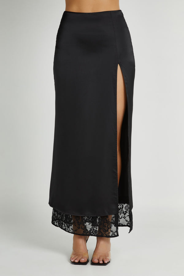 Mia Satin Lace Midi Skirt - Black