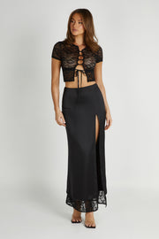 Mia Satin Lace Midi Skirt - Black