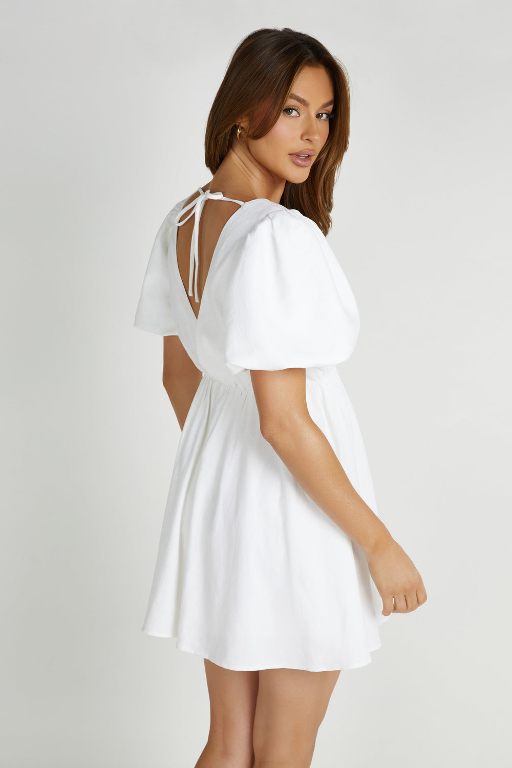 Myrah Puff Sleeve Linen Mini Dress - White