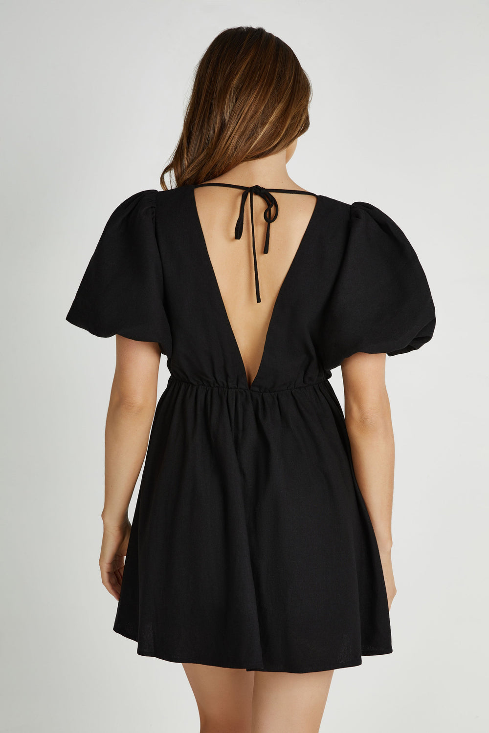 Myrah Puff Sleeve Linen Mini Dress - Black