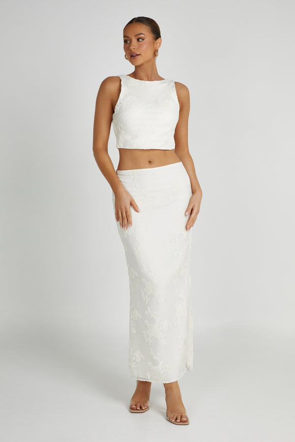 Mona Burnout Velvet Maxi Skirt - White