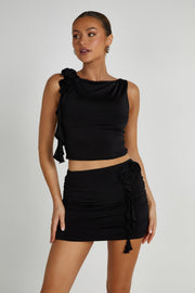 Brydee Ruched Rose Mini Skirt - Black