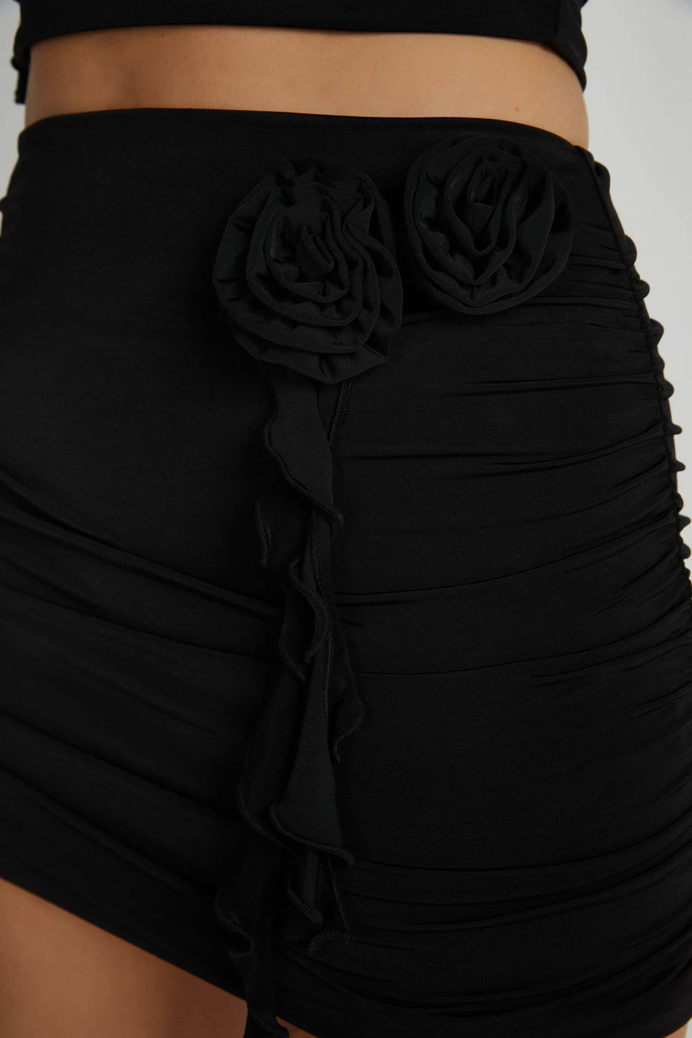 Brydee Ruched Rose Mini Skirt - Black
