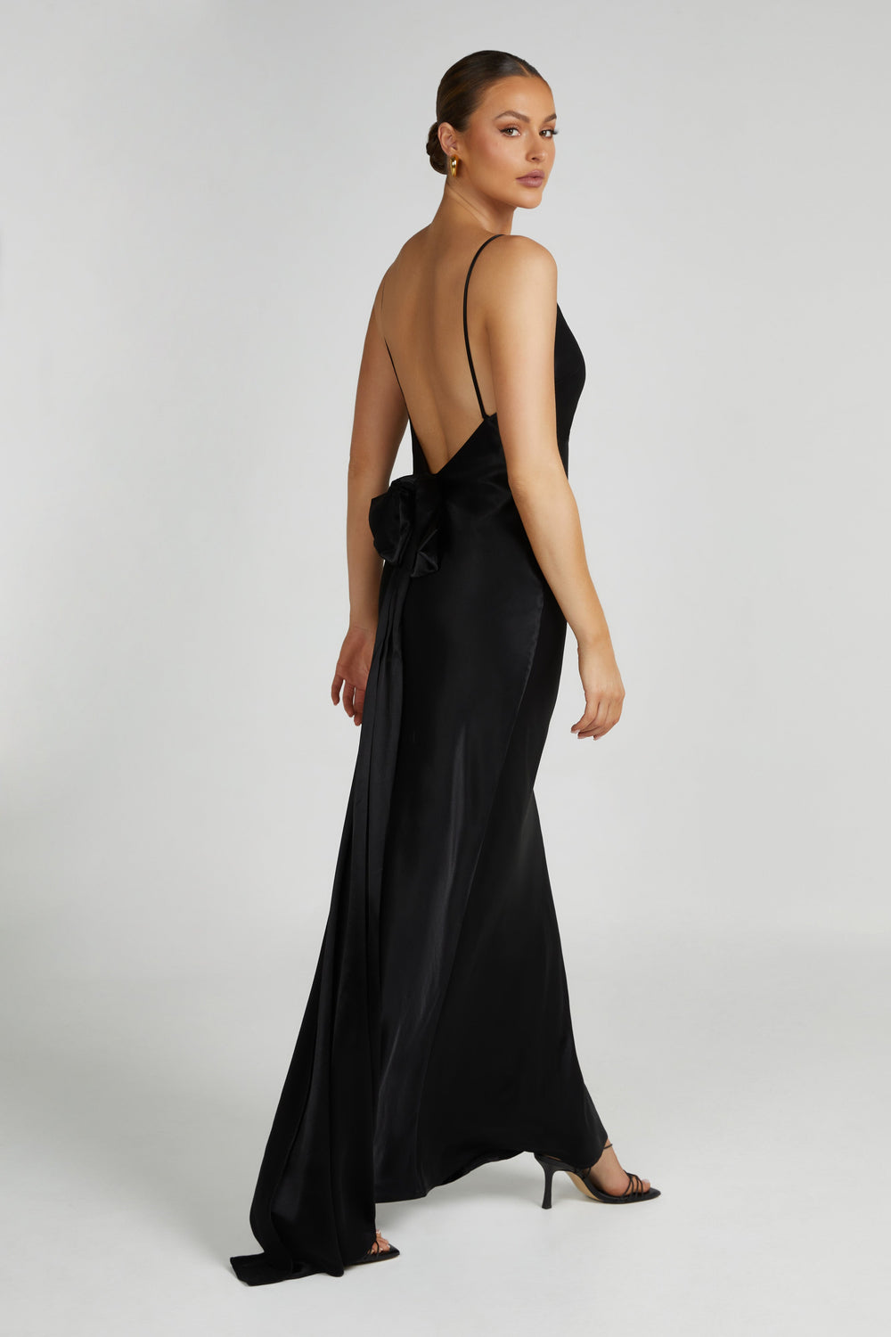 Kailey Low Back Maxi Dress With Detachable Bow Train - Black