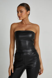 Pamela Faux Leather Strapless Crop Top - Black