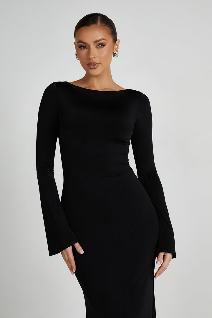 Tarna Slinky Fishtail Maxi Dress - Black - MESHKI