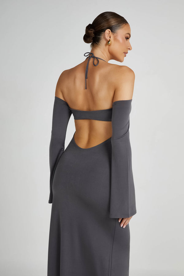 Tia Slinky Off Shoulder Maxi Dress - Charcoal