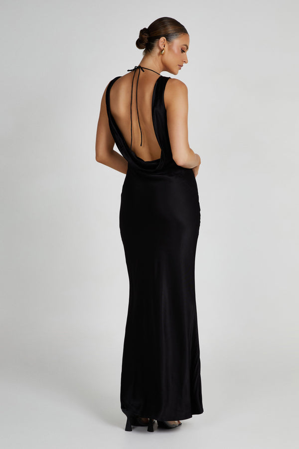 Angelique Satin Cowl Back Maxi Dress - Black - MESHKI