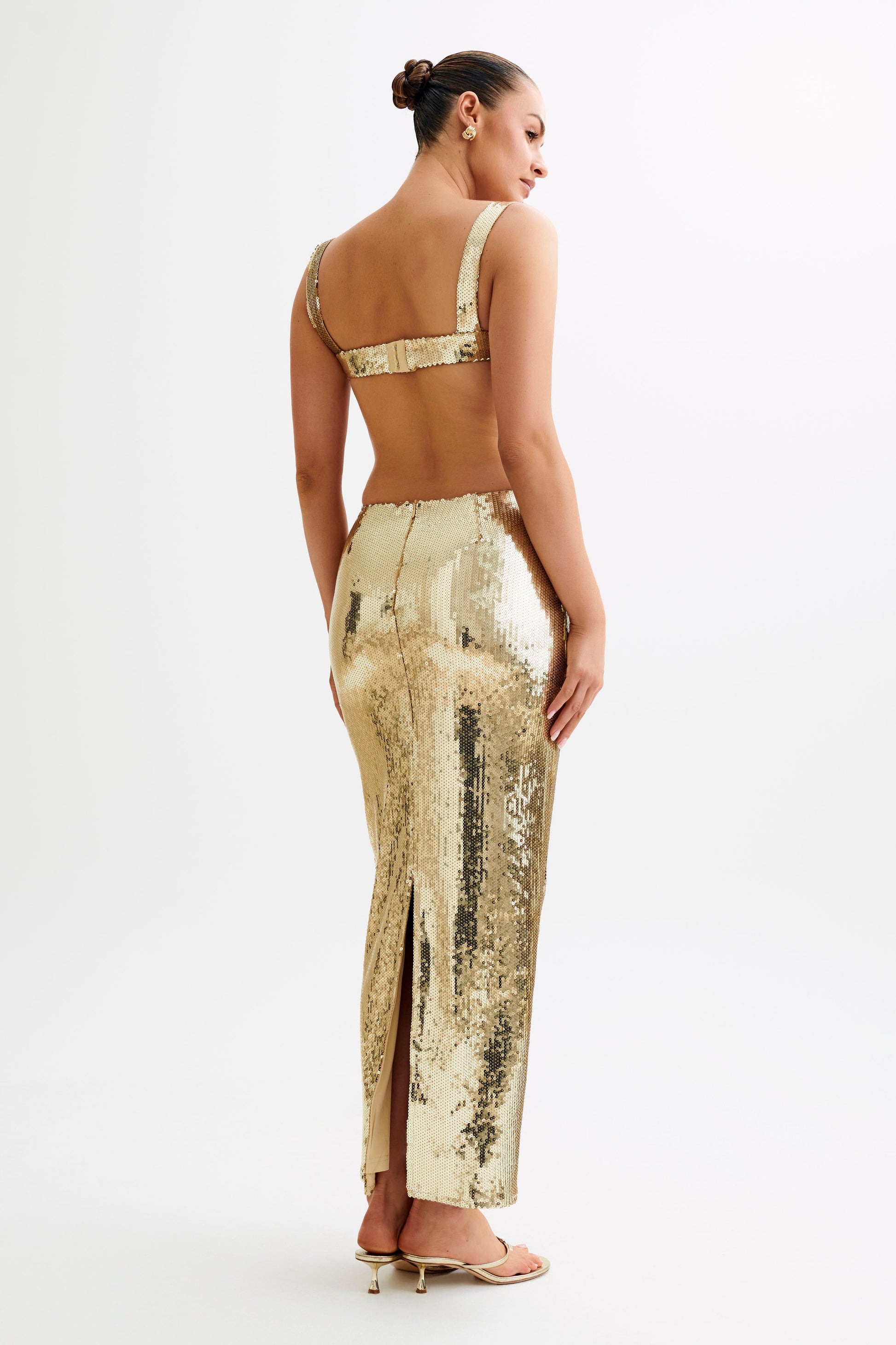 meshki gold shimmer dress Adoria Sequin Cut Out Maxi Dress / Gold | MESHKI