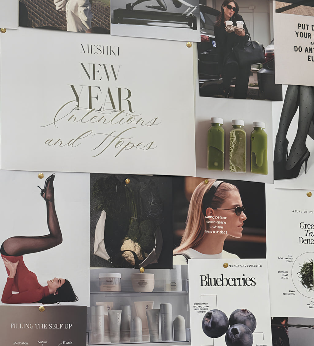 Collage of various images and text on a white board with a focus on fashion and lifestyle.