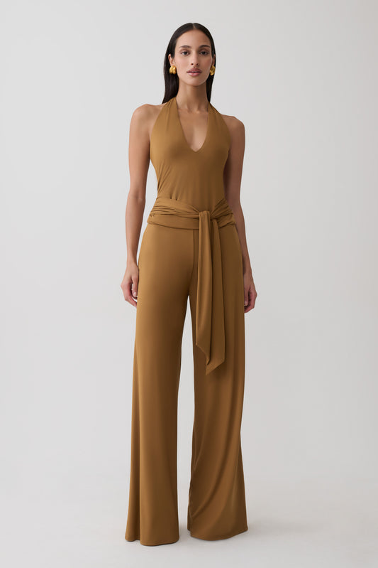 Krysh Wide Leg Peached Jersey Pants - Caramel